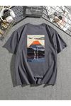 Mount Fuji Baskılı Füme T-shirt Oversize Unisex