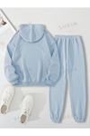 Basic Düz Eşofman Takımı Sweatshirt Jogger - Bebe Mavi  Oversize Şardonlu Kapüşonlu