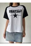 Bravelly Yıldız Parçalı Süprem T-Shirt - Beyaz Siyah Oversize Bisiklet Yaka Kısa Kol Tişört