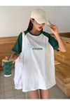 Sports Athleisure Beyaz Gövde Nefti Yeşil Kol T-Shirt - Oversize Bisiklet Yaka Tişört