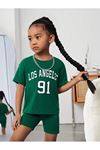 Los Angeles 91 Baskılı Pamuklu Çocuk Takım Nefti Yeşili Şort T-shirt- Çocuk Yazlık Bisiklet Yaka