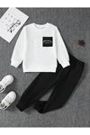 California Cep Baskılı Pamuk Çocuk Takım Beyaz Sweatshirt Siyah Jogger-çocuk Bisiklet Yaka Kışlık