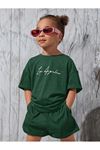 Los Angeles Baskılı Pamuklu Çocuk Takım Nefti Yeşili Şort T-shirt- Çocuk Yazlık Bisiklet Yaka