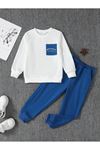 California Cep Baskılı Pamuk Çocuk Takım Beyaz Sweatshirt Sax Jogger-çocuk Bisiklet Yaka Kışlık