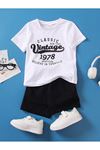 Vintage Baskılı Pamuklu Çocuk Siyah Şort Beyaz T-shirt Takım - Çocuk Yazlık Bisiklet Yaka