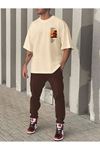 Beach T-Shirt Eşofman Altı Jogger - Bej Kahverengi Baskılı Eşofman Takımı Oversize Bisiklet Yaka