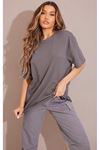 Düz Süprem T-Shirt - Füme Oversize Bisiklet Yaka Kısa Kol Tişört