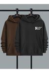 2'Li Still Freedom Kalın Kışlık Sweatshirt - Siyah Kahverengi Baskılı Oversize Kapüşonlu