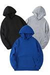 3'Lü Düz Basic Kalın Kışlık Sweatshirt - Siyah Gri Sax Mavi Oversize Kapüşonlu