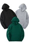3'Lü Düz Basic Kalın Kışlık Sweatshirt - Siyah Gri Nefti Yeşil Oversize Kapüşonlu