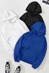 3'Lü Düz Basic Kalın Kışlık Sweatshirt - Siyah Beyaz Sax Mavi Oversize Kapüşonlu