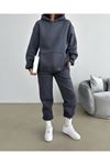 Baskısız Eşofman Takımı Sweatshirt Jogger - Füme Oversize Şardonlu Kapüşonlu