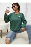 Cep Tasarım Papatya Desen Sweatshirt - Nefti Yeşil Baskılı Oversize Kalın Kışlık Bisiklet Yaka