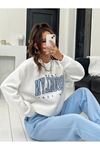 Brooklyn Eşofman Takımı Beyaz Sweatshirt Bebe Mavi Jogger - Baskılı Oversize Şardonlu Bisiklet Yaka
