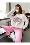Brooklyn Eşofman Takımı Beyaz Sweatshirt Pembe Jogger - Baskılı Oversize Şardonlu Bisiklet Yaka