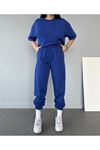 Basic T-shirt Eşofman Altı Jogger - Saks Mavi Düz Alt Üst Eşofman Takımı Oversize Bisiklet Yaka