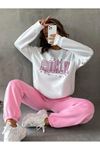 Brooklyn Eşofman Takımı Beyaz Sweatshirt Pembe Jogger - Baskılı Oversize Şardonlu Bisiklet Yaka