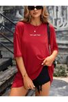 Let's Get Lost T-Shirt - Kırmızı Baskılı Oversize Bisiklet Yaka Kısa Kol