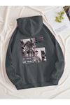 Be True Of Sweatshirt - Füme Baskılı Oversize Kapüşonlu