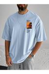 Beach Logo T-Shirt - Bebe Mavi Baskılı Oversize Bisiklet Yaka Kısa Kol
