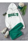 1898 Brooklyn Eşofman Takımı Beyaz Sweatshirt Yeşil Jogger - Baskılı Oversize Şardonlu Kapüşonlu