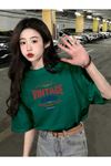 Vintage College T-Shirt - Yeşil Baskılı Oversize Bisiklet Yaka Kısa Kol