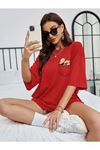 Cep Detay Baskılı T-Shirt - Kırmızı Oversize Bisiklet Yaka Kısa Kol