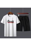 Againts T-Shirt Şort - Beyaz Siyah Alt Üst Takım Şort Tişört Kombin Baskılı Bisiklet Yaka