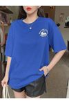 Beatiful Castle T-Shirt - Sax Mavi Baskılı Oversize Bisiklet Yaka Kısa Kol