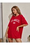 Los Angeles U.s.a T-shirt - Kırmızı Baskılı Oversize Bisiklet Yaka Kısa Kol Tişört