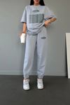 Couture Club T-Shirt Eşofman Altı Jogger- Gri Baskılı Alt Üst Eşofman Takım Oversize Bisiklet Yaka