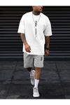Dikey T-Shirt Şort - Beyaz Gri Alt Üst Kombin Şort Tişört Takım Baskılı Oversize Bisiklet Yaka