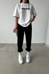 Thatssofetch Beyaz T-shirt Siyah Eşofman Altı Jogger - Baskılı Alt Üst Takım Bisiklet Yaka