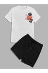 Find Your Way T-Shirt Şort - Beyaz Siyah Alt Üst Takım Şort Tişört Kombin Baskılı Bisiklet Yaka