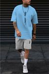 Dikey T-Shirt Şort - Bebe Mavi Gri Alt Üst Kombin Şort Tişört Takım Baskılı Oversize Bisiklet Yaka