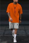 Dikey T-Shirt Şort - Turuncu Gri Alt Üst Kombin Şort Tişört Takım Baskılı Oversize Bisiklet Yaka