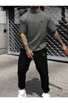 Ufo Logo Füme T-shirt Siyah Eşofman Altı Jogger- Baskı Alt Üst Eşofman Takımı Oversize Bisiklet Yaka