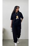 Lola T-shirt Eşofman Altı Jogger - Siyah Baskılı Alt Üst Eşofman Takımı Oversize Bisiklet Yaka