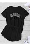 Los Angeles T-shirt Bermuda Şort Pijama Takımı - Siyah Baskılı Oversize Rahat Bisiklet Yaka