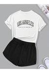 Los Angeles Beyaz T-shirt Siyah Bermuda Şort Pijama Takımı - Baskılı Oversize Rahat Bisiklet Yaka
