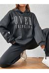 Over Thinking Eşofman Takımı Sweatshirt Jogger -füme Baskılı Oversize Şardonlu Kapüşonlu Lastik Paça