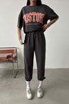 Boston Baskılı T-shirt Eşofman Altı Jogger -Antrasit Alt Üst Takım Oversize Bisiklet Yaka