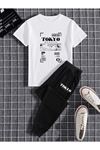 Tokyo Beyaz T-shirt Siyah Eşofman Altı Jogger - Baskılı Alt Üst Eşofman Takım Oversize Bisiklet Yaka