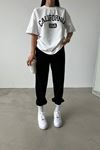 California Usa Beyaz T-shirt Siyah Eşofman Altı Jogger -baskılı Alt Üst Takım Oversize Bisiklet Yaka