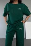 Fetch T-shirt Eşofman Altı Jogger- Yeşil Baskı Alt Üst Eşofman Takımı Oversize Bisiklet Yaka