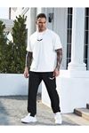 Beyaz T-shirt Siyah Eşofman Altı Jogger- Baskılı Alt Üst Eşofman Takım Oversize Bisiklet Yaka