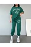 California Tenis T-shirt Eşofman Altı Jogger- Yeşil Baskılı Alt Üst Eşofman Takım Oversize Bisiklet Yaka