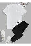 Always Beyaz T-shirt Siyah Eşofman Altı Jogger- Baskılı Alt Üst Eşofman Takım Oversize Bisiklet Yaka