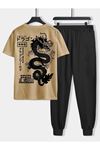 Dragon Vizon T-shirt Siyah Eşofman Altı Jogger- Baskılı Alt Üst Eşofman Takım Oversize Bisiklet Yaka