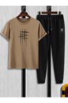 Çizgi Vizon T-shirt Siyah Eşofman Altı Jogger - Baskılı Alt Üst Eşofman Takım Oversize Bisiklet Yaka